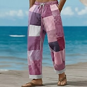 Недорогие Мужские повседневные брюки с принтом-Men's Geometric Color Block Patchwork Trousers Baggy Pants Casual Pants Mid Waist Fashion Home Outdoor Vacation Elastic Drawstring Waist Linen-Like Pants with Pockets Summer Spring 3D Print Blue Pink