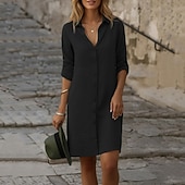 cheap Dresses-Women's Mini Dress Cotton Linen Dresses Shirt Dress Modern Outdoor Vacation Going out Regular Fit Plain Half Sleeve Shirt Collar Black White Light Blue Summer Spring