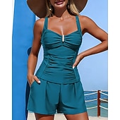 お買い得  サーフィンタンクiniとビキニ-女性用 ルーシュタンキニ 水着 2個 ソリッド UVプロテクション 弾性ある ノースリーブ スイムウェア サーフィン 潜水 水泳 夏