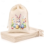 お買い得  イースター-イースターバニープリントの黄麻布巾着袋（パステルカラーのバニー付き）12個入り &amp;花柄、卵を集めるかわいいウサギ、イースターエッグハント、ベビーシャワー、結婚式、春のパーティー用のポリエステル製イースターギフトバッグ