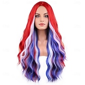  Peruca para Mulheres para o Dia 4 de Julho Longa Cacheada Vermelha Branca e Azul Fantasia para Festa do Dia da Independência