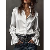  Dames Blouse Knop Effen Kleur Elegant Stijlvol Basic Lange mouw Overhemdkraag Normale tops Dagelijks Werk Wit Champagne Marineblauw Bruin Lente Herfst Winter