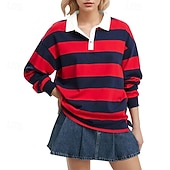 cheap Stripe&amp;Geometric tee-Women's T Shirt Tee Top Buttons Striped Fashion Stylish Classic Long Sleeve Shirt Collar Regular Tops Daily Going out Weekend White Yellow Pink Red Red White Spring Fall