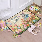 baratos Capacho-Tapete de Páscoa com mensagem de Feliz Páscoa, coelhinho na cesta de ovos e tulipas coloridas, perfeito para dar as boas-vindas à primavera.
