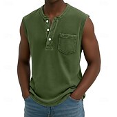abordables Débardeurs-Débardeur pour homme SoftFade™ sans manches chemise sans manches Henley été printemps uni basique poche style vintage teinture en pièce vacances street décontracté quotidien noir haut Tee pour hommes