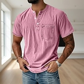 cheap Casual Henley Tee-Men's Henley Shirt 100% Cotton Acid Wash Shirt T shirt Tee Short Sleeve Solid Retro Vintage Casual Vintage Style Washed Henley Casual Summer Spring Fall Black Pink Light Green Henley T-Shirt
