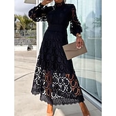 economico Abiti in pizzo bianco-Per donna Abito Midi Abito maxi Abito Bianco Abito in Pizzo Vestito Casual Elegante Moda Moderno All'aperto Vacanza Uscire Vestibilità regolare Taglia piccola Geometrico Manica Lunga Collo Alto Collo