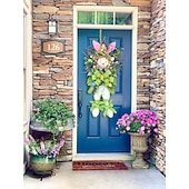 cheap Home Decor-2 Pack Large Easter Bunny Swag Wreath for Front Door, 24" Artificial Spring Bunny Hanger with Lavender Eggs &amp; Green Bows, Whimsical Farmhouse Easter Wall Porch Decor, Cute Outdoor Holiday Decoration
