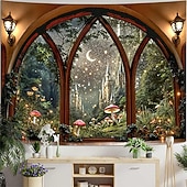 billige Veggoppheng-3D-bibliotekteppe veggteppe vintage bokhyllemønster stor stoffveggkunst buet vindu skogutsikt romdekor til stue/studie