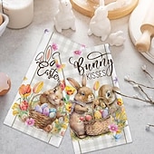 billige påske-2 stk. kjøkkenhåndklær med påskehare-trykk, vaskbare vårhåndklær med påskehare &amp;eggmønstre, moderne gårdshus rektangulære oppvaskkluter egnet for vårsesongdekorasjonsgave