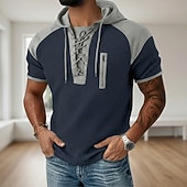  رجالي وافل هينلي قميص تي الأعلى كم قصير مع قبعة ربط الحذاء حتى الرقبة الصيف الربيع كل الفصول بقع موضة مصمم كاجوال مكعبات الألوان فضفاض مناسب للبس اليومي الأماكن المفتوحة أزرق فاتح أسود نبيذ