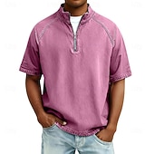 voordelige basis t-shirts-Heren Overhemd van 100% katoen met zure wassing T-shirt Korte mouw Opstaand Herfst winter Lente Herfst Effen Vintage Streetwear Casual Rits omhoog Kledingstuk geverfd Standaard Casual Huis Straat