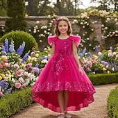 preiswerte Blumenmädchenkleider-Blumenmädchenkleid Mädchen Formelle Kleidung Hochzeitskleidung Party Hochzeit Formell Prinzessin Kleid für die Erstkommunion Pailletten Patchwork Einfarbig Kurze Ärmel Rundhalsausschnitt Blau Rosa Ab