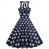 billige Kjoler-250-årsjubileum i USA 1950-tallet Retro / vintage Middag Swing kjole Halter Flare kjole Ermeløs Stjerner Kostyme Dame 4. juli Uavhengighetsdagen Voksne Kjole