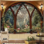 billige Veggoppheng-3D-bibliotekteppe veggteppe vintage bokhyllemønster stor stoffveggkunst buet vindu skogutsikt romdekor til stue/studie