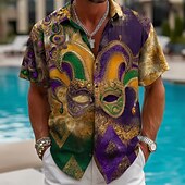 cheap Vintage Shirt-Mardi Gras Men's Carnival Beads Mask with Feathers Shirt Button Up Shirt Short Sleeve Vintage Retro Party Holiday Summer Spring Turndown 3D Print Collared Shirts Purple / Green / Yellow Purple Dark