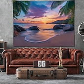 economico Arazzi da parete-Arazzo da parete con tramonto sulla spiaggia tropicale, paesaggio marino con palme e rocce, decorazione murale naturale per camera da letto, sala yoga, spazio per la meditazione