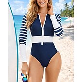 ieftine Rash guards One Piece-Pentru femei Bariere Iritatie Costum de baie Costume de baie Dungi Inchide fermuarul Picior scurt Protecție UV Uscare rapidă Elastic Manșon Lung Costume de Baie Costum de baie Surfing Plajă Înot Vară