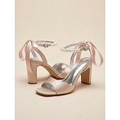 tanie Panna młoda-Damskie fioletowe satynowe szpilki ślubne z perłowym paskiem wokół kostki i kokardką, eleganckie sandały ślubne z odkrytymi palcami dla panien młodych, luksusowe buty na wysokim obcasie do ceremonii