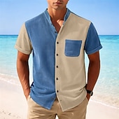 cheap Men's Smart Casual Shirts-Men's Shirt Texture Casual Shirt Corduroy Shirt Button Up Shirt Blue Short Sleeve Plain Grandad Collar Casual Daily Front Pocket Clothing Apparel Elegant Fashion Casual