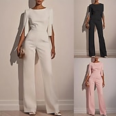 abordables monos formales-Mujer Normal Mono Elegante Color sólido Media Manga Perneras anchas Escote Redondo Alta cintura Oficina Trabajo Ajuste regular Negro Blanco Rosa Verano