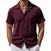お買い得  メンズスマートカジュアルシャツ-男性用 シャツ カジュアルシャツ ボタンアップシャツ バーガンディー アプリコット コーヒー 半袖 平織り キューバンカラー カジュアル 日常 衣類 エレガント ファッション カジュアル