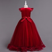 abordables Robes de Fille de Fleurs-Robe de Demoiselle d'Honneur Fille Fille Robe de soirée Tenue de mariage Soirée Mariage Formel Mode Princesse Beau Maille Couleur Unie Sans manches Col Rond Bleu Jaune 4 ans et +