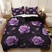 abordables Juegos de funda nórdica-Juego de funda nórdica con estampado de flores y mariposas de rosas moradas, juego de cama estilo hotel con 1 funda nórdica y 2 fundas de almohada, tela de felpa suave, no incluye edredón.