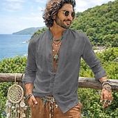 billiga Semester-herrskjorta linneskjorta sommarskjorta vardagskjorta bohemskjorta enfärgad vardaglig blå svart vit rosa långärmad mandarinkrage sommar vår &amp;höstkläder