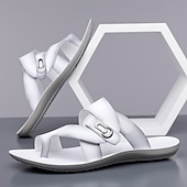 Χαμηλού Κόστους Σανδάλια Διακοπών-Ανδρικά λευκά σανδάλια από συνθετικό δέρμα, μαλακό πέλμα, μινιμαλιστικό μοντέρνο στυλ, άνετα καλοκαιρινά παπούτσια για casual και χαλαρή ένδυση