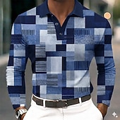 cheap Men's Color Block Polo-Men's Color Block Geometic Waffle Polo Shirts Long Sleeve Polo Shirts Collared Shirts Business Casual Business Wear to work Daily Wear Buttons Spring Fall Blue Black Navy Blue