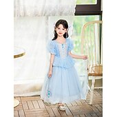 cheap Girl's Dress Up Costumes-Book Week 2026 Princess Fairytale Moana Dress Kid's Carnival Children's Day New Year Festival Holiday Girls' Dress Solid Color Short Sleeve Casual Party Fashion Cute Polyester Summer 4 years+ Blue