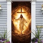 cheap Holiday Tapestries-Easter Door Cover with Radiant Jesus Emerging from Tomb and Cross, Christian Religious Decor for Easter Celebration, Perfect for Holy Week and Spring Holiday Decor
