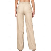 halpa Oleelliset keinotekoiset alaosat-Naisten Puuvillaiset pellavahousut Kiinalainen Kesähousut Suora Loma Perus Vapaa-aika Täyspitkä Korka vyötärö Yhtenäinen väri Tasku Elastinen vyötärönauha Mukava Pehmeä Elastinen ulko- Katu Sininen