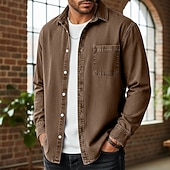 preiswerte Herrenhemd zum Knöpfen-Herren Hemd Freizeithemd Vintage-Shirt Knopfhemd Acid-Wash-Shirt Blau Schwarz Hellgrün Wein Marineblau Langarm Einfach Revers Lässig Streetwear Tasche Bekleidung Baumwolle Mode Retro Vintage Lässig