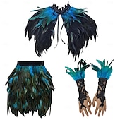 voordelige Accessoires-Carnaval 2026 Rio Carnaval Samba Accessoires 3-delig Vrouwen Veer Kostuum Set Gotische Veer Cape Sjaal Mini Rok  Lange Kant Polsmanchetten Brazilië Festival Performance Kostuum