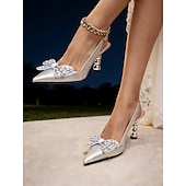 cheap Wedding Guest-Women's Silver Embellished Slingback Heels, Sculpted Statement Heel Dress Shoes for Wedding Guests at Modern City Weddings