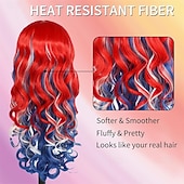 baratos Perucas de festa-Peruca Fantasia do 4 de Julho Peruca Cacheada Vermelha Branca e Azul Para Fantasia de Festa Mulheres Peruca Patriótica para Eleições