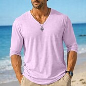 お買い得  コットンリネンTシャツ-男性用 ティートップ 長袖シャツ リネンTシャツ 長袖 Ｖネック 夏 春 春夏 純色 平織り 日常 カジュアル ストリートスタイル 平織り カジュアル アウトドア ストリート ライトブルー レイクブルー ブラック メンズトップTシャツ