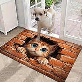 abordables Felpudo-Felpudo con ilusión 3D de gatito, impresión 2D de un gato asomándose a través de una pared de ladrillos para una entrada divertida y original, perfecta para los amantes de los gatos.