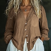 baratos Camisas de Luxo-Mulheres Camisa de linho camisa de verão camisa de botão Bolsos Côr Sólida Tecido Diário à moda Casual Manga Longa Decote V Tops regulares Feriado Roupa de Praia Roupas de resort Preto Branco Amarelo