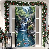 economico Striscioni per Garage e Porte-Tenda da ingresso con vista realistica della natura, da appendere alla parete per l'ingresso del portico, con banner per porta da giardino giapponese in 3D, scena con cascata e laghetto koi.
