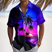 お買い得  熱帯植物-男性用 ココナッツの木 自然、風景 熱帯植物 アロハシャツ ボタンアップシャツ 半袖 ハワイアン カジュアル バケーション 夏 春 折襟 3Dプリント 襟付きシャツ フロントポケット1つ ブルー ルビーレッド パープル ダークブルー