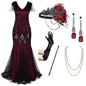 Недорогие платья 1920-х годов-Ретро Бурные 20-е 1920-е годы В пол Платья Инвентарь Коктейльные платья  Короткие рукава Великий Гэтсби Свадебный гость Пайетки V-образный вырез Маскарадный костюм Жен.