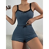 abordables Hauts et bas de nuit pour femmes-Femmes Ensemble Pyjama Occasionnel Confort Couleur Unie Dentelle Taille Élastique Shorts Quotidien Maison Sans manches Bretelles Bleu Blanche Rose Claire Vin Gris Été Printemps Coupe régulière