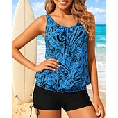 preiswerte Surfen Tankinis &amp; Bikinis-Damen Geraffter Tankini 2 Teile Tropisch UV Schutz Elastisch Ärmellos Bademode Surfen Strand Schwimmen Sommer