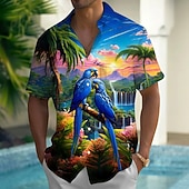 baratos Pássaros &amp; Animais-Homens Pássaro Papagaio Plantas Tropicais Camisa havaiana camisa de botão Camiseta Aloha Manga Curta Havaiana Casual Férias Verão Primavera Aberto para a Lateral Impressão 3D camisas de colarinho Um