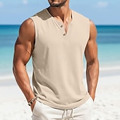 voordelige Katoenen Linnen T-shirts-Voor heren T-shirt Linnenachtig T-shirt Mouwloos Korte mouw V-hals Henley Zomer Effen Met Textuur Modieus Klassiek Casual Puur Casual Straat Sport Wit Top T-shirt voor mannen