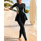 cheap One Pieces Rash Guards-Women's Rash Guard Bathing Suit 2 Pieces Tropical Zip Up Full-Length Leg UV Protection Elastic Long Sleeve Swimwear Swimsuit Surfing Beach Swimming Spring