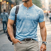 voordelige Casual Henley-T-shirt-Voor heren T-shirts Henley Top Katoenen T-shirt Gewassen overhemd Korte mouw Effen Kleur Effen Vintage Ontwerper Casual Bleek Knop Henley Casual Dagelijks Buiten Lente zomer Zomer Lente Licht Blauw